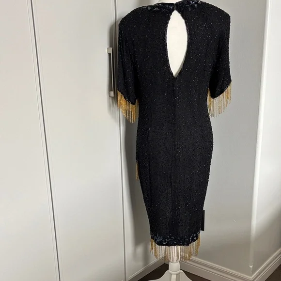 Vintage Silk Lori Ann Elegant Black and Gold Sequin Fringe Dress - Picture 7 of 14
